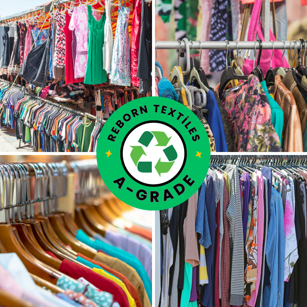 Collage of clothing racks with 'Reborn Textiles A-Grade' logo in the center.