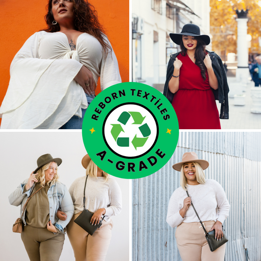 Collage of people wearing stylish outfits with 'Reborn Textiles A-Grade' logo.