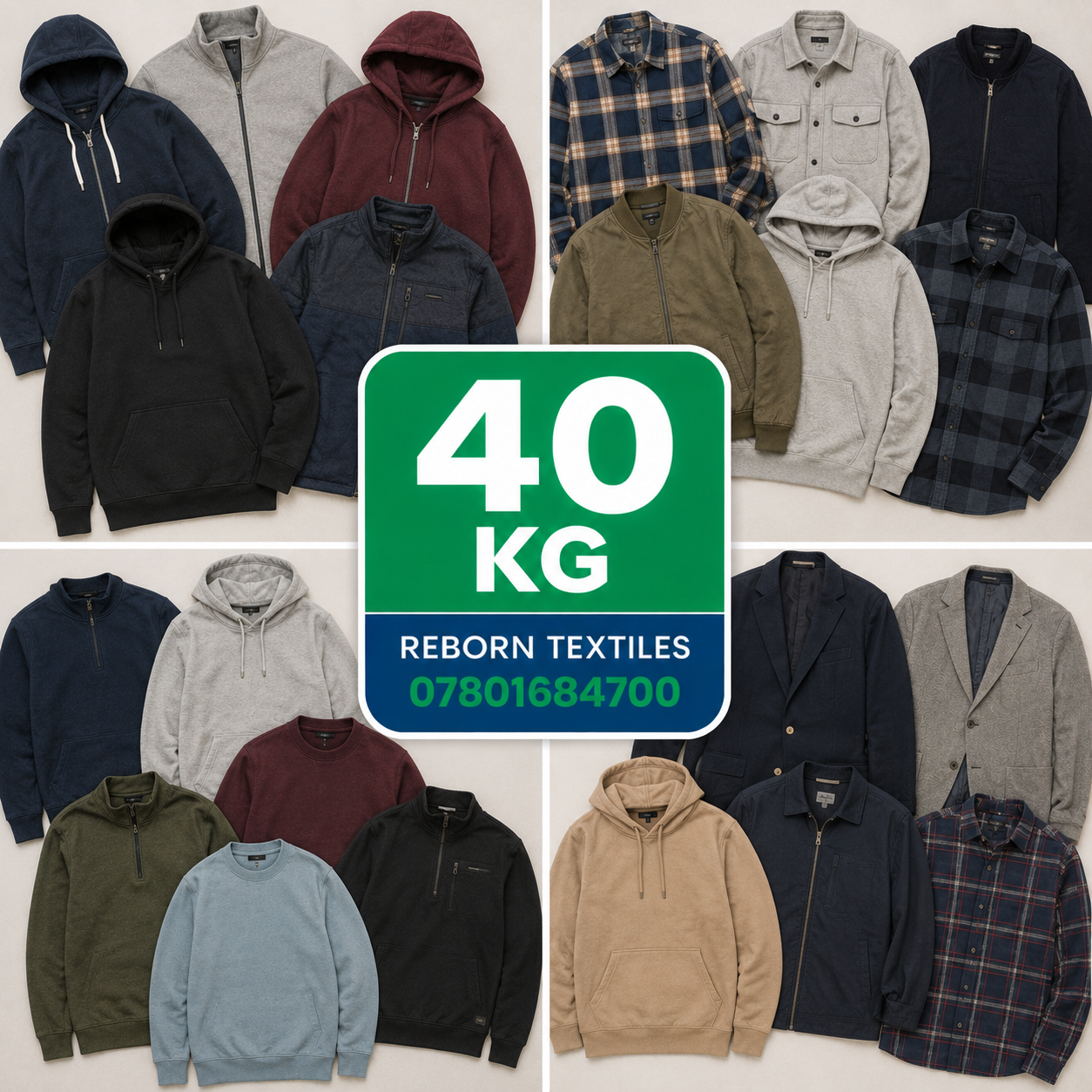 A collage showing multiple apparel items in assorted colors and styles, including hoodies, flannel shirts, sweatshirts, and blazers, arranged around a large green and blue central label that reads “40 KG REBORN TEXTILES 07801684700.”.