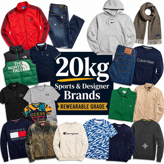 A collage of various reusable and sportswear items arranged around a central dark blue text box that reads '20kg Sports & Designer Brands REWEARABLE GRADE