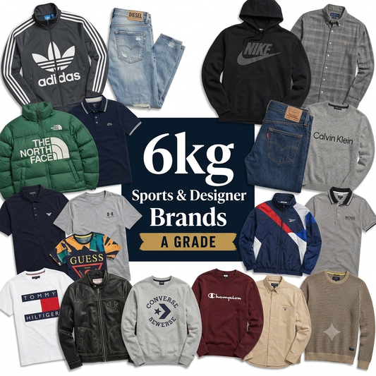 A collage of multiple branded apparel items arranged around a central text panel reading '6kg Sports & Designer Brands A Grade.' Visible products include Adidas, Nike, The North Face, Calvin Klein, Under Armour, Guess, Champion, Tommy Hilfiger, Converse, and other hoodies, shirts, jackets, and sweatshirts in assorted colors.