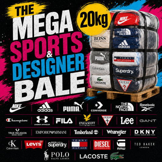 Promotional graphic for 'The Mega Sports & Designer Bale' featuring a 20kg bundle of folded designer clothing on a wooden pallet. The clothing includes recognizable items from Nike, Adidas, Puma, Converse, The North Face, Reebok, Boss, Calvin Klein, Lacoste, Tommy Hilfiger, GUESS, Lee, and others, displayed against a black background with colorful paint splatters and a grid of brand logos at the bottom.