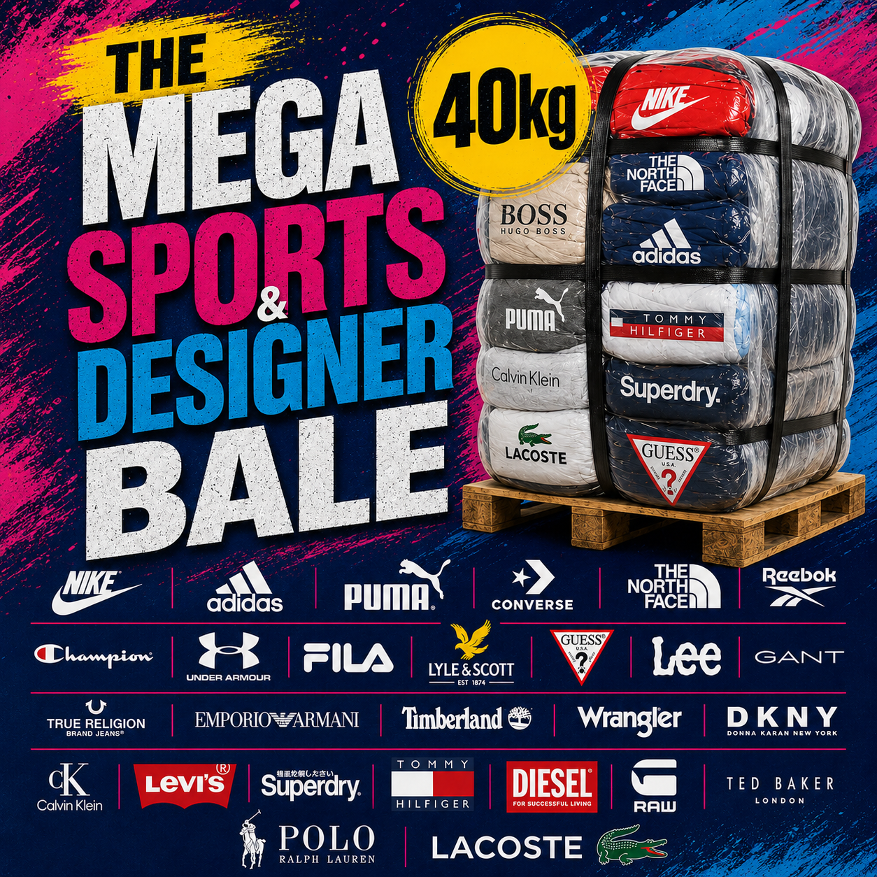 Promotional graphic for 'The Mega Sports & Designer Bale' featuring a 40kg wrapped pallet stacked with apparel from brands like Nike, Adidas, Puma, Calvin Klein, and others, set against a colorful paint-splatter background with a row of brand logos at the bottom.