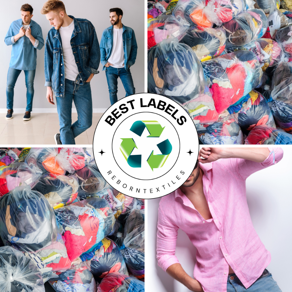 A collage of images showing a man wearing a denim jacket and jeans, a woman holding a pink top, and a 'Best Labels' recycling logo, indicating the product is a mix of second-hand men's clothing with various labels.