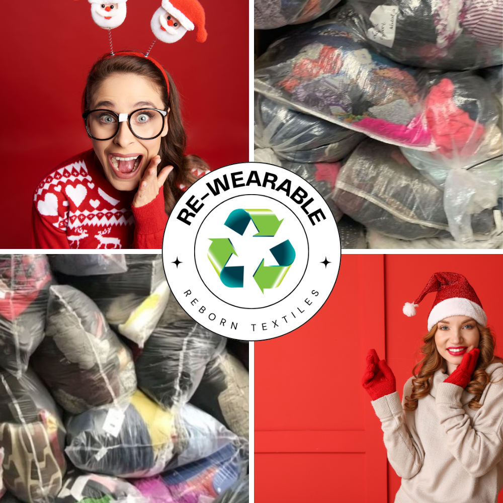 A collage of images showing a pile of various second-hand clothes, with a focus on recycling and re-wearable clothing. The main image features a woman wearing a Santa hat, with the text 'Re-wearable' and 'Recycled Clothing Textiles'.