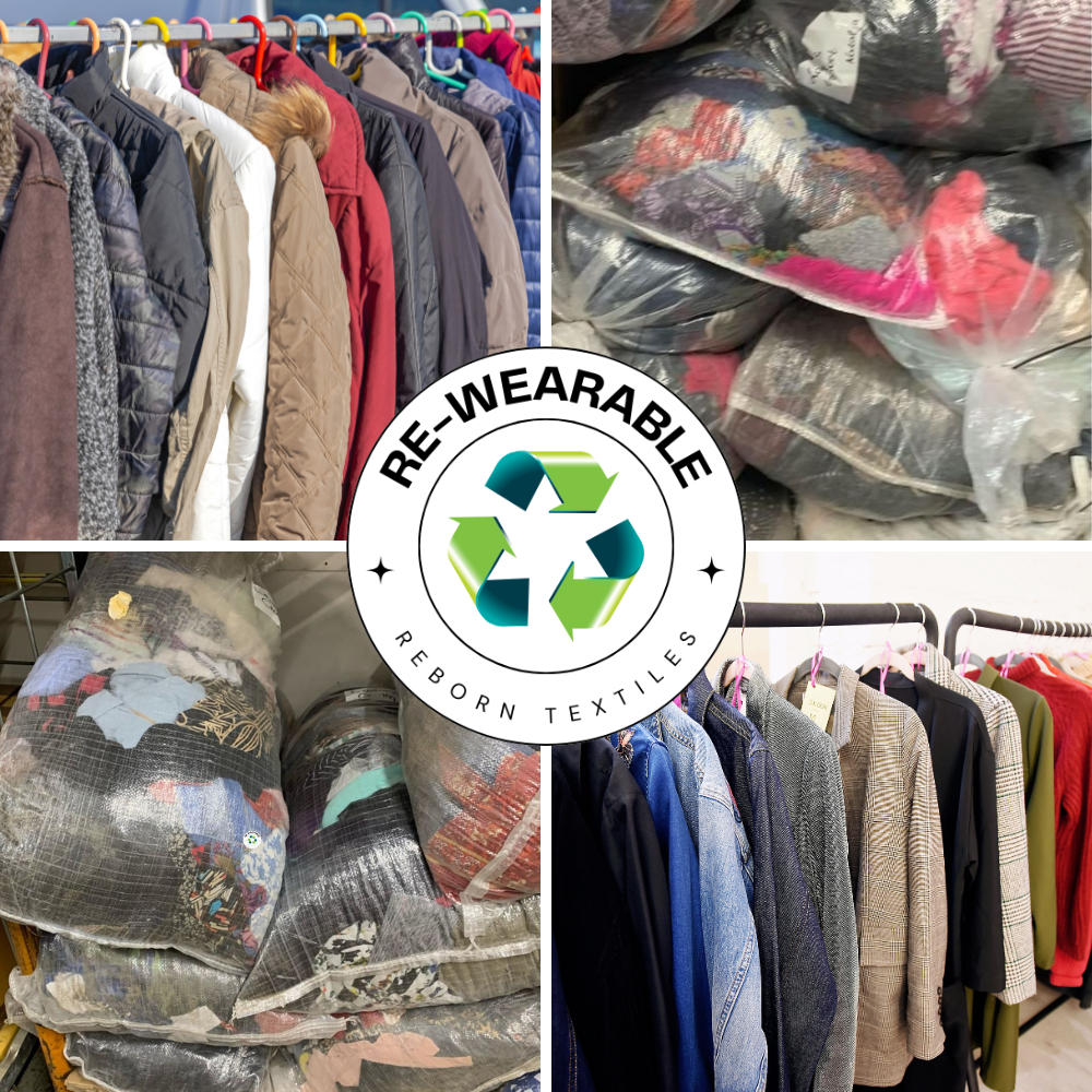 Various second-hand adult coats in different colors and prints, packed in a 20 kg parcel, suitable for resale