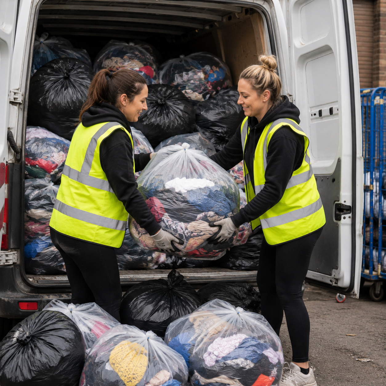Two women in bright yellow high-visibility vests load or unload bags of recyclable clothes from the back of a white van in an outdoor industrial setting.