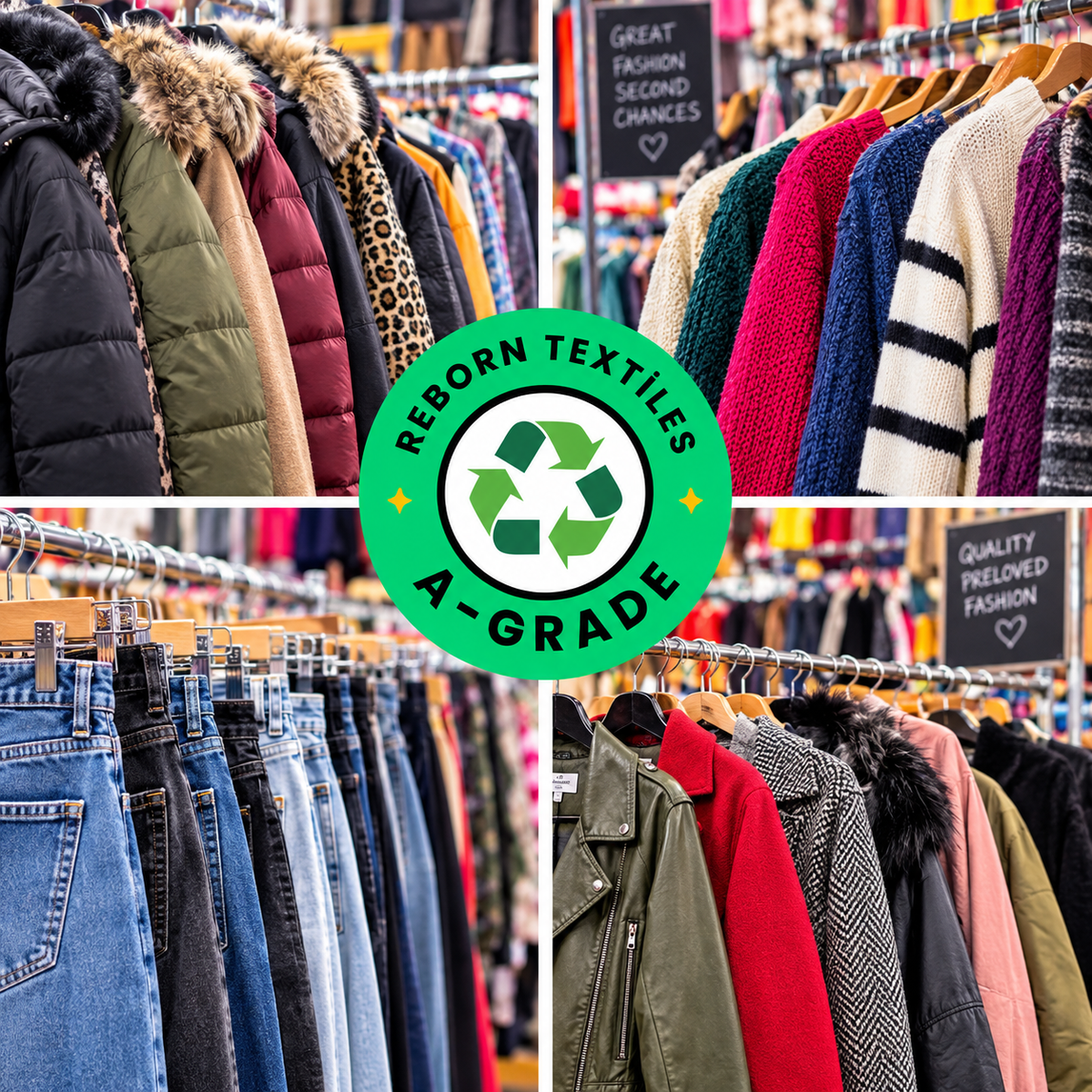 A collage of four retail clothing racks showing assorted garments and jeans, with a large green circular logo in the center reading 'REBORN TEXTILES A-GRADE' and a recycling symbol. Signs in the background mention great fashion second chances and quality preloved fashion.