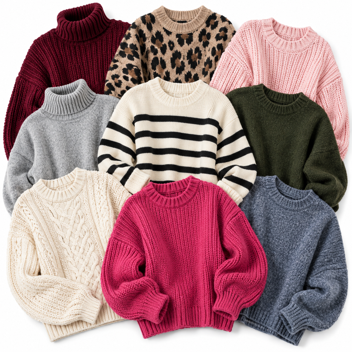 A collection of eight women's knit crewneck sweaters in various colors and patterns, including solid maroon, leopard print, light pink, gray, cream with black stripes, olive green, cream cable knit, bright pink, and heathered blue-gray, arranged in a flat-lay collage on a white background.