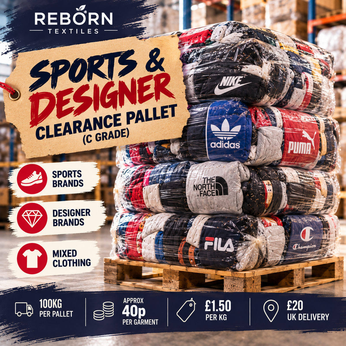 Sports & Designer C Grade Clearance Pallet gives resellers 100kg of wholesale second-hand branded adult clothing for just £150
