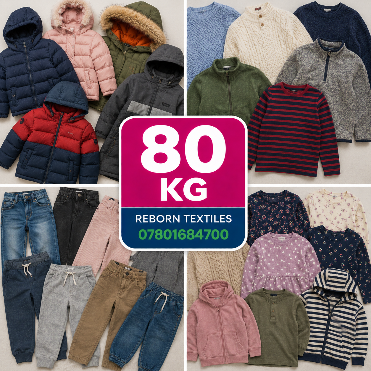 A collage showing many children's clothing items in assorted colors and styles, with a large central pink and blue badge reading '80 KG' and 'REBORN TEXTILES 07801684700'.