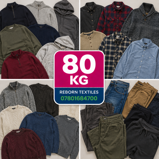 A collage showing many folded and laid-flat garments in assorted colors and styles, with a large central label reading '80 KG' and 'REBORN TEXTILES 07801684700'. Because this is a mixed assortment rather than a single clean product shot, the best fit is Other rather than Product/Packaging.