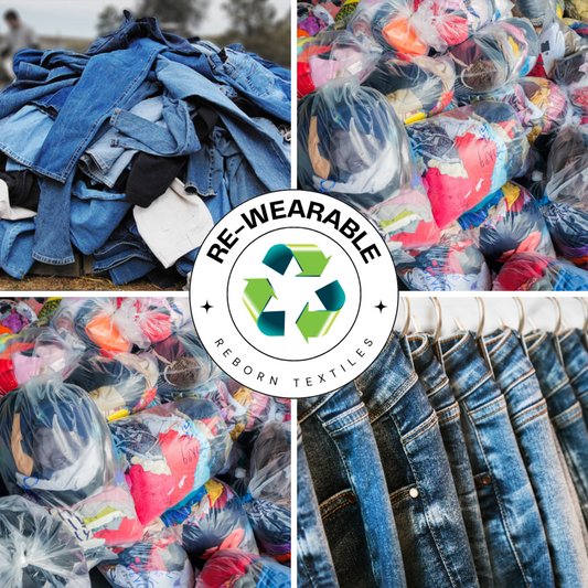 A collage of images showing a large quantity of second-hand adult jeans in various styles and colors, with a 'RE-WEARABLE' badge indicating the clothes are processed and suitable for resale.