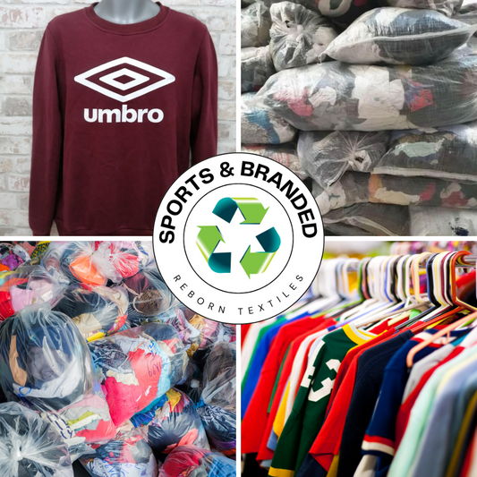 A collage of images showcasing a 20 kg mega carton of assorted branded mix clothing, including individual garments with visible branding and the logos of various clothing brands, emphasizing the second-hand recycled aspect of the products.