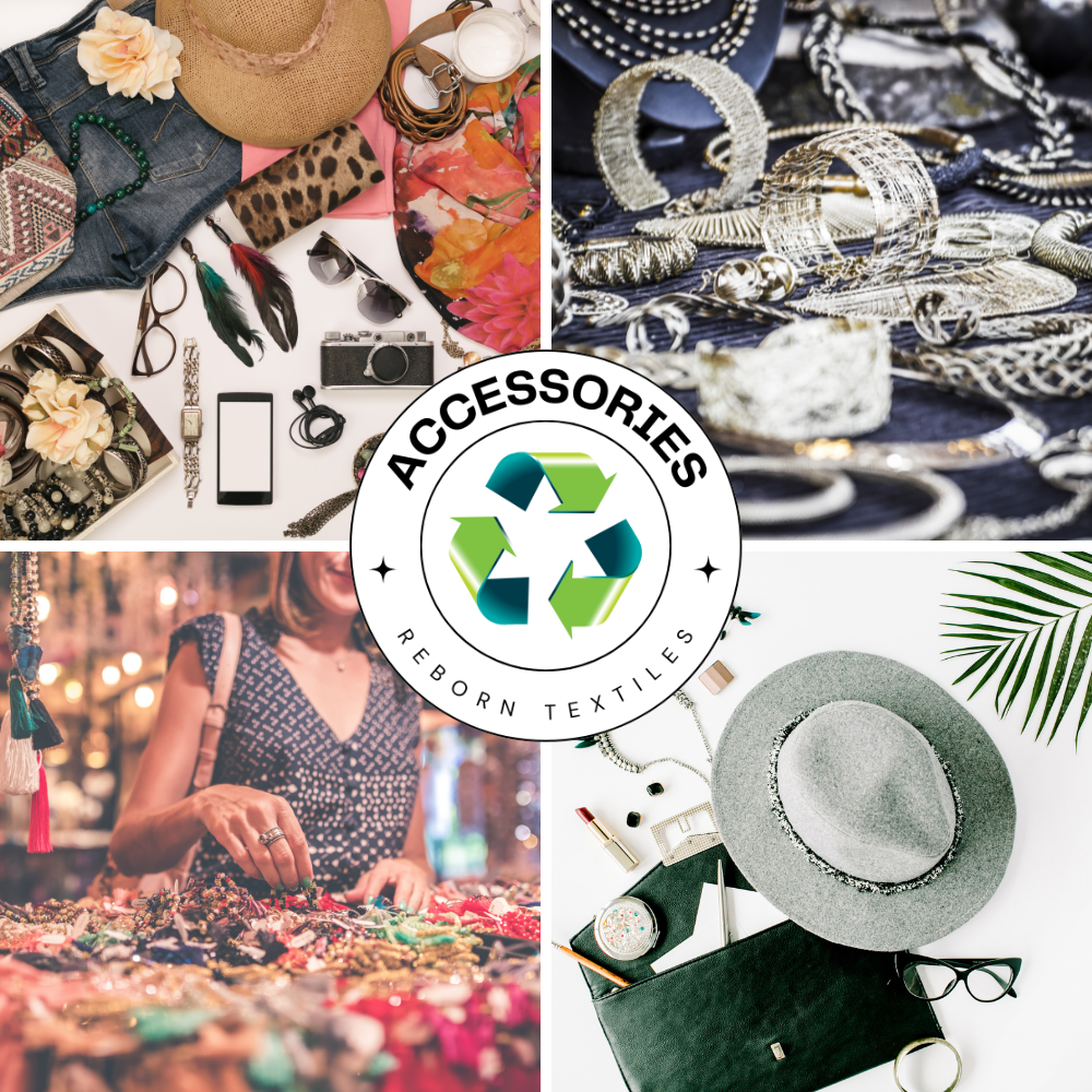 A collage of various second-hand accessories such as hats, scarves, purses, and other items, with the logo of 'Accessories Reborn' prominently displayed.