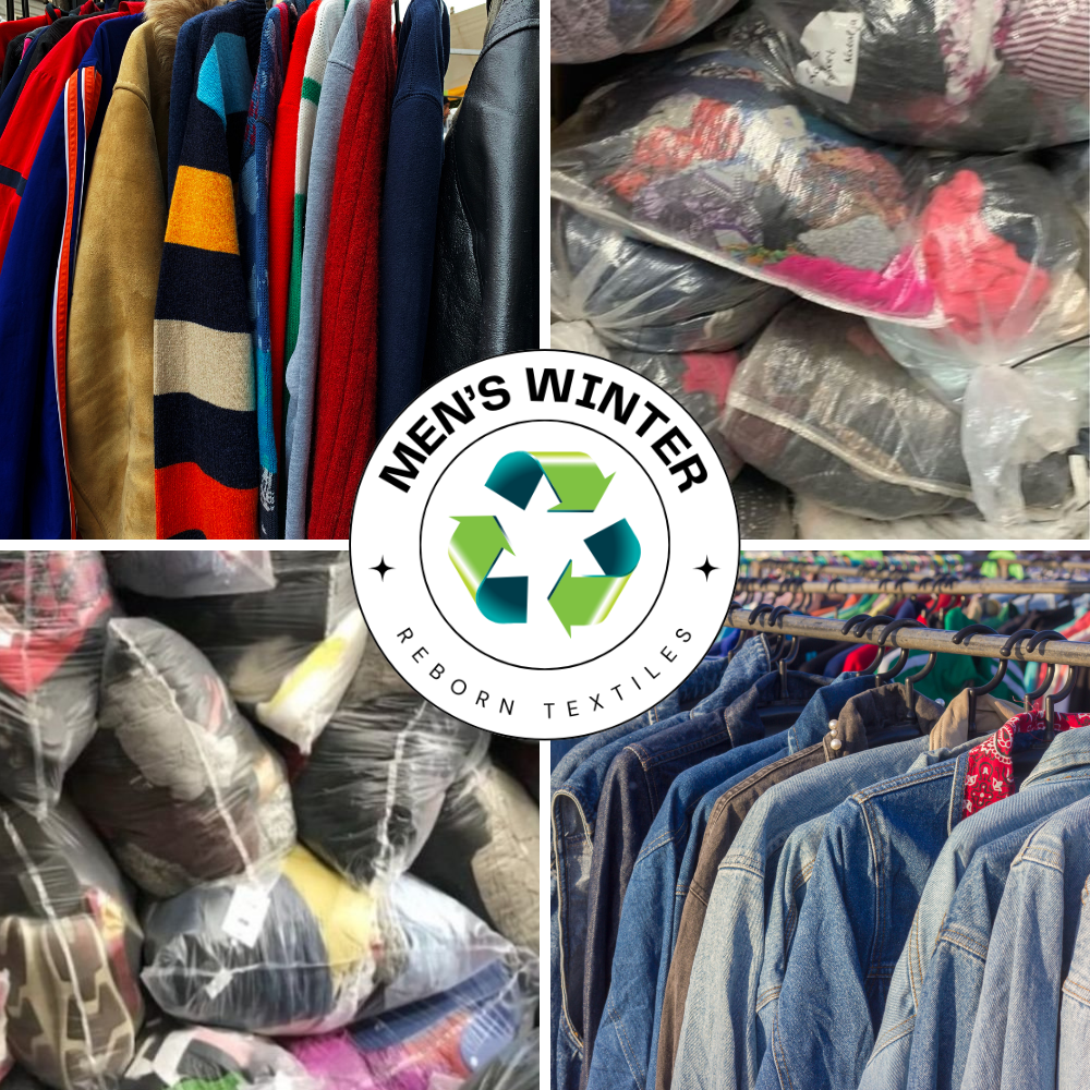 Various second-hand men's clothing items packed in a 20 KG carton, including tops, sweaters, shirts, jackets, trousers, jeans, and sweatshirts, with a 'Men's Winter' label and recycling symbol.