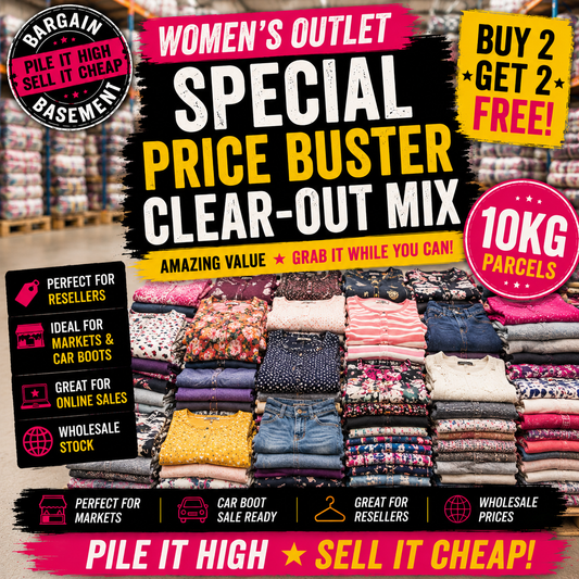Promotional poster for women's clothing outlet with text and images of folded clothes.