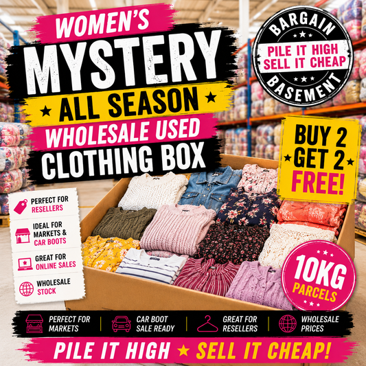 Promotional image of a wholesale used clothing box with various garments, set against a store background.