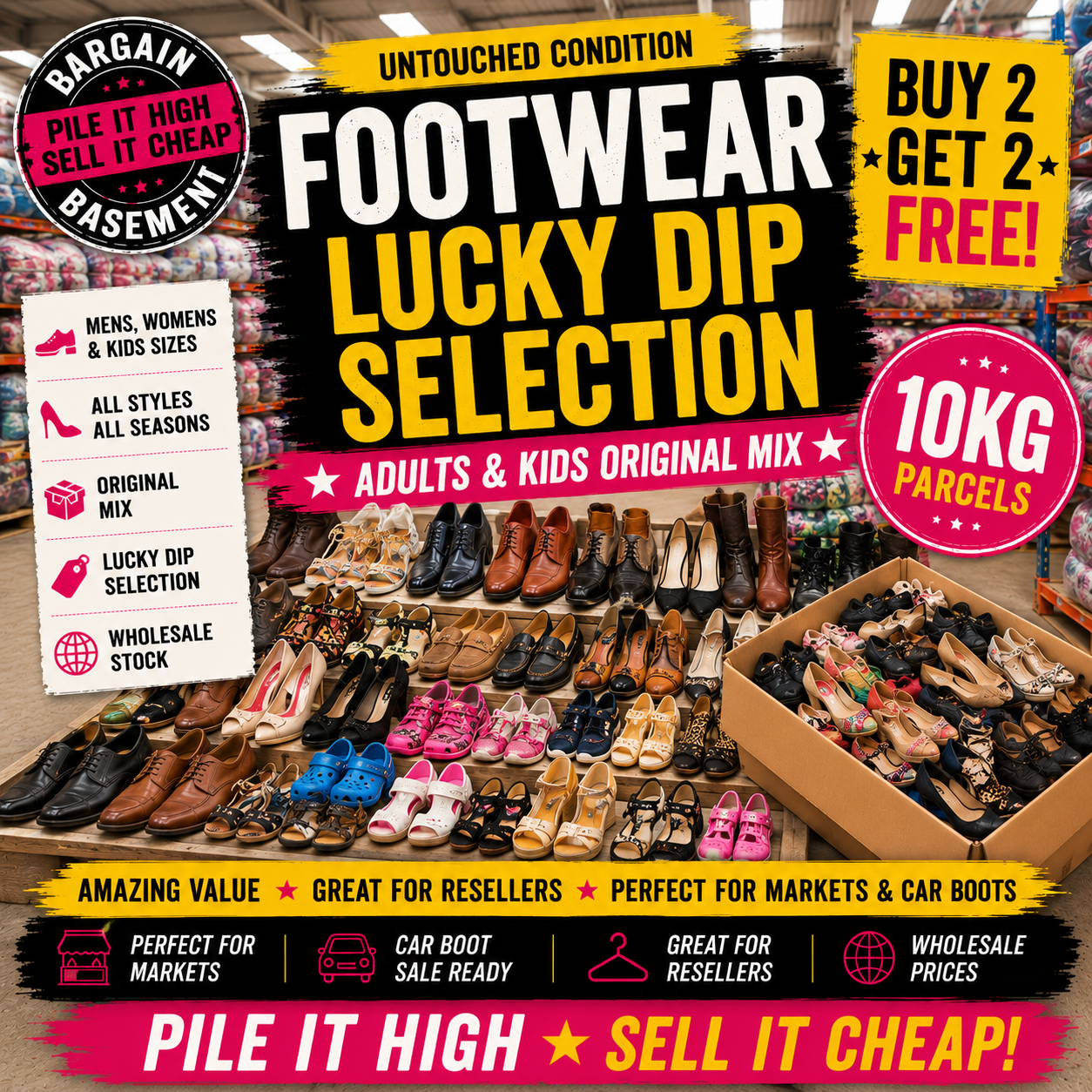 Promotional poster for footwear lucky dip selection with shoes displayed and text highlighting offers.