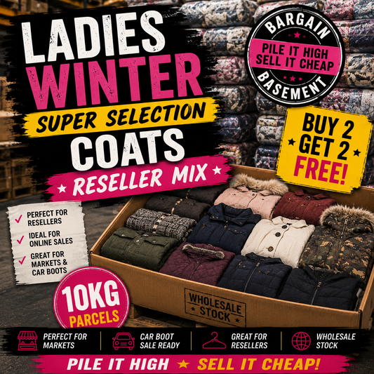 Promotional image of a box containing ladies winter coats with sale and promotional text.