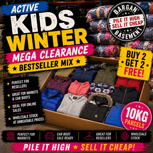 Promotional image of kids winter clothing clearance sale with text and graphics.