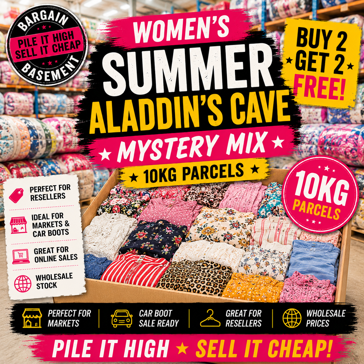 Promotional image of women's summer clothing with text on a market stall background