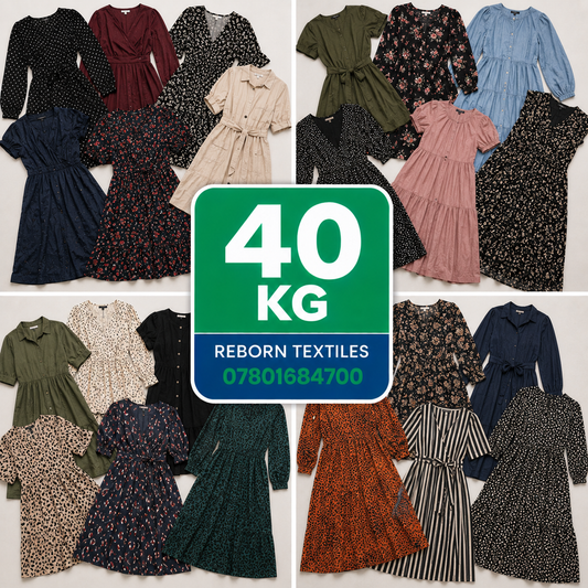 A collage showing multiple dresses laid out on a white background, with a large green and blue sign in the center reading '40 KG REBORN TEXTILES 07801684700'. The dresses include various floral, striped, and solid patterns in colors like black, navy, pink, green, blue, rust, and beige.