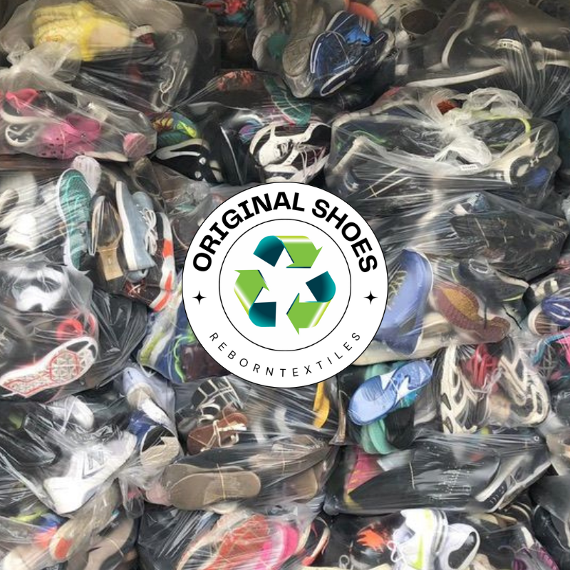 A 20 kg carton of assorted used shoes, packaged in plastic, with a 'Original Shoes' logo visible in the center.