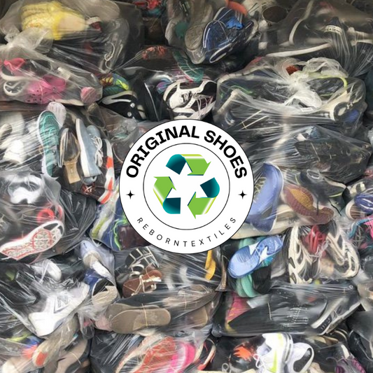 A 20 kg carton of assorted used shoes, packaged in plastic, with a 'Original Shoes' logo visible in the center.