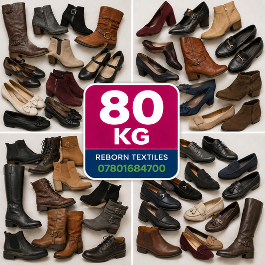 A collage showing many pairs of women's shoes and boots in assorted colors, with a large central label reading '80 KG' and 'REBORN TEXTILES' plus a phone number. This is not a clean single-product shot and functions more like a promotional bulk-shoes graphic, so subject_type is best classified as Other rather than Product/Packaging.