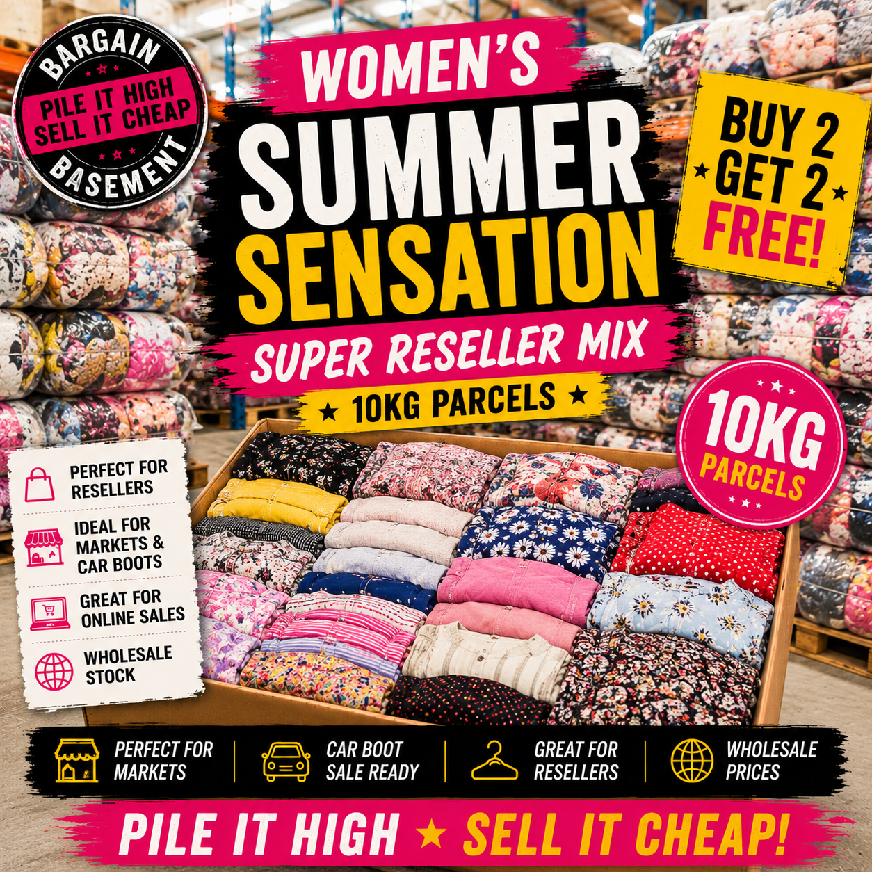 Promotional image for women's summer clothing mix with text highlighting sale and reseller benefits.