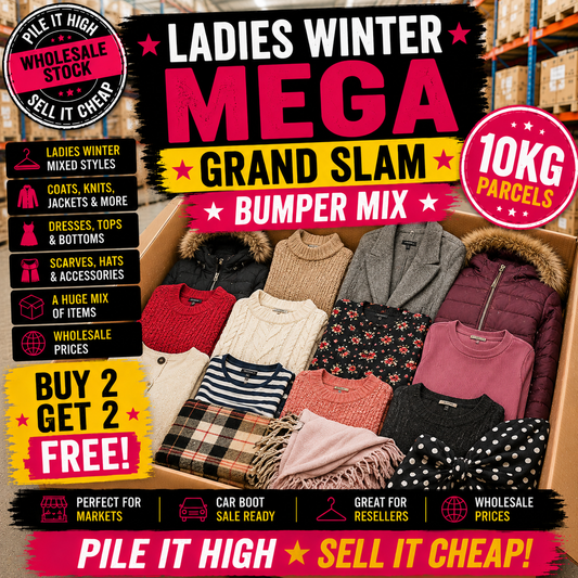 Promotional image of a 'Ladies Winter Mega Grand Slam Bumper Mix' with clothing items and text about wholesale stock and deals.