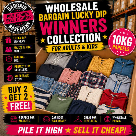 Wholesale lucky dip winners collection with various clothing items in a box, surrounded by promotional text and graphics.