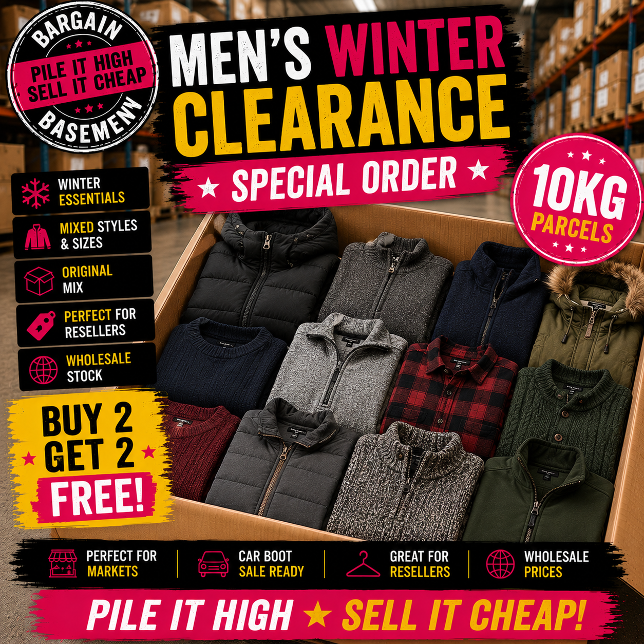 Men's winter clearance sale advertisement with jackets in a box.
