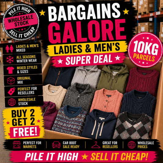Promotional image of clothing with text highlighting a super deal on ladies' and men's clothing.