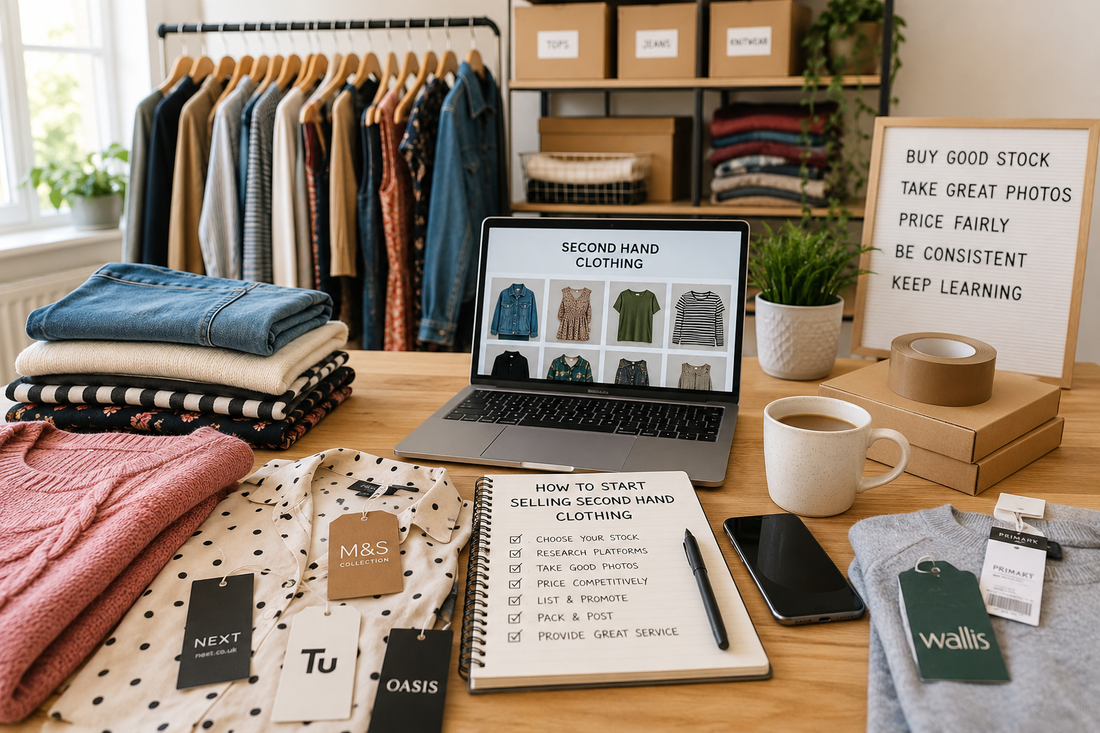 Second hand clothing resale workspace with garments, laptop, packaging supplies and stock ready for online selling.