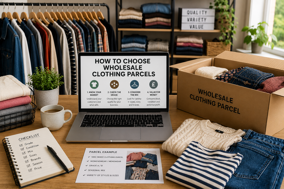Laptop showing a guide on how to choose wholesale clothing parcels, with folded used clothing, checklist and parcel box ready for resale stock.