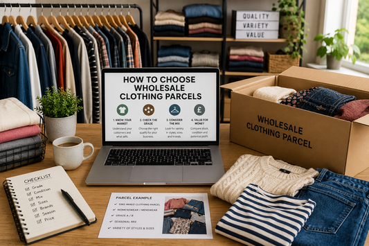 Laptop showing a guide on how to choose wholesale clothing parcels, with folded used clothing, checklist and parcel box ready for resale stock.