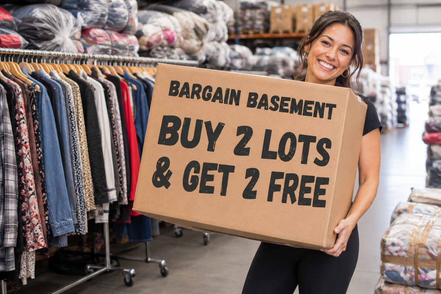 Woman advertising the bargain basement at reborn textiles, buy 2 and get 2 free