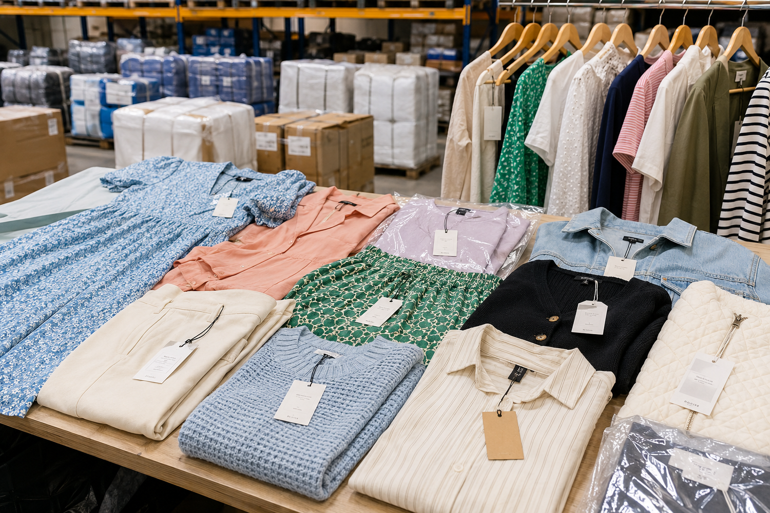 Brand new with tags clothing in a wholesale warehouse