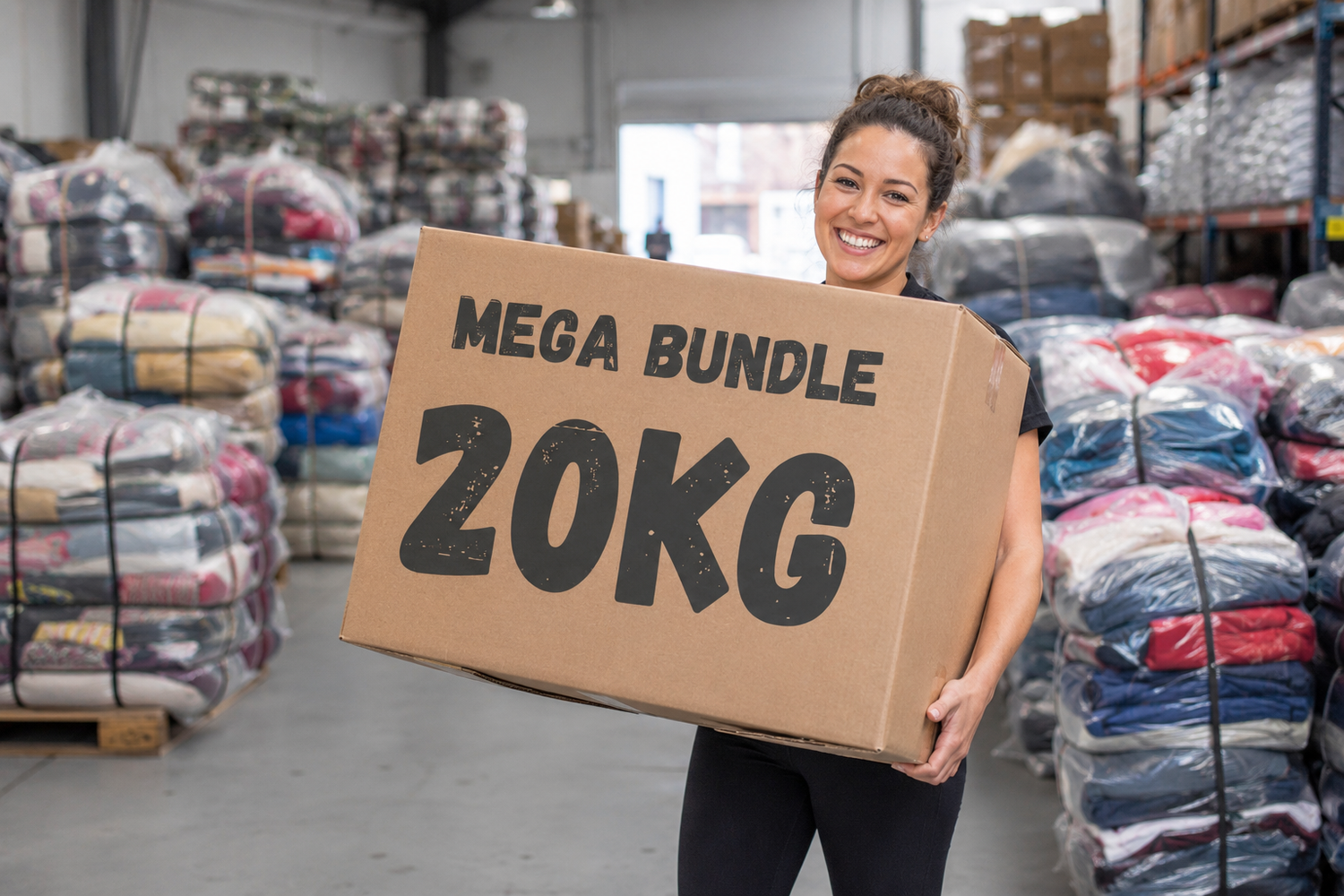 A warehouse worker holding a Mega bundle of used wholesale clothing