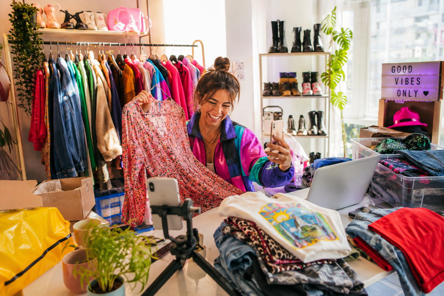 Bright second hand clothing reseller working from home, surrounded by colourful pre loved fashion, clothing rails and parcels while photographing stock for online resale.