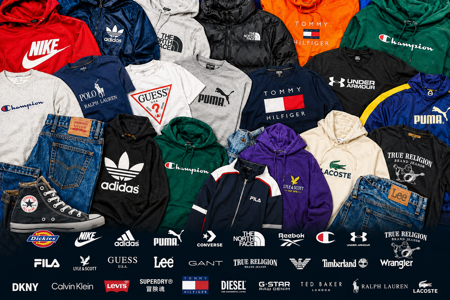 Wholesale original unsorted sports, designer and vintage branded used clothing mix featuring assorted garments and major fashion brands.