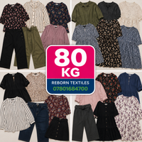 A collage showing many folded women's clothing items in assorted colors and patterns, with a large central pink and blue badge reading '80 KG REBORN TEXTILES 07801684700'. The garments include floral tops and dresses, striped shirts, solid shirts, pants, and shorts.