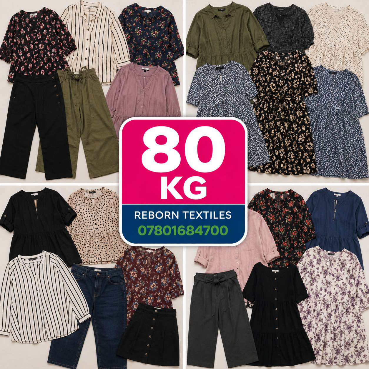 A collage showing many folded women's clothing items in assorted colors and patterns, with a large central pink and blue badge reading '80 KG REBORN TEXTILES 07801684700'. The garments include floral tops and dresses, striped shirts, solid shirts, pants, and shorts.