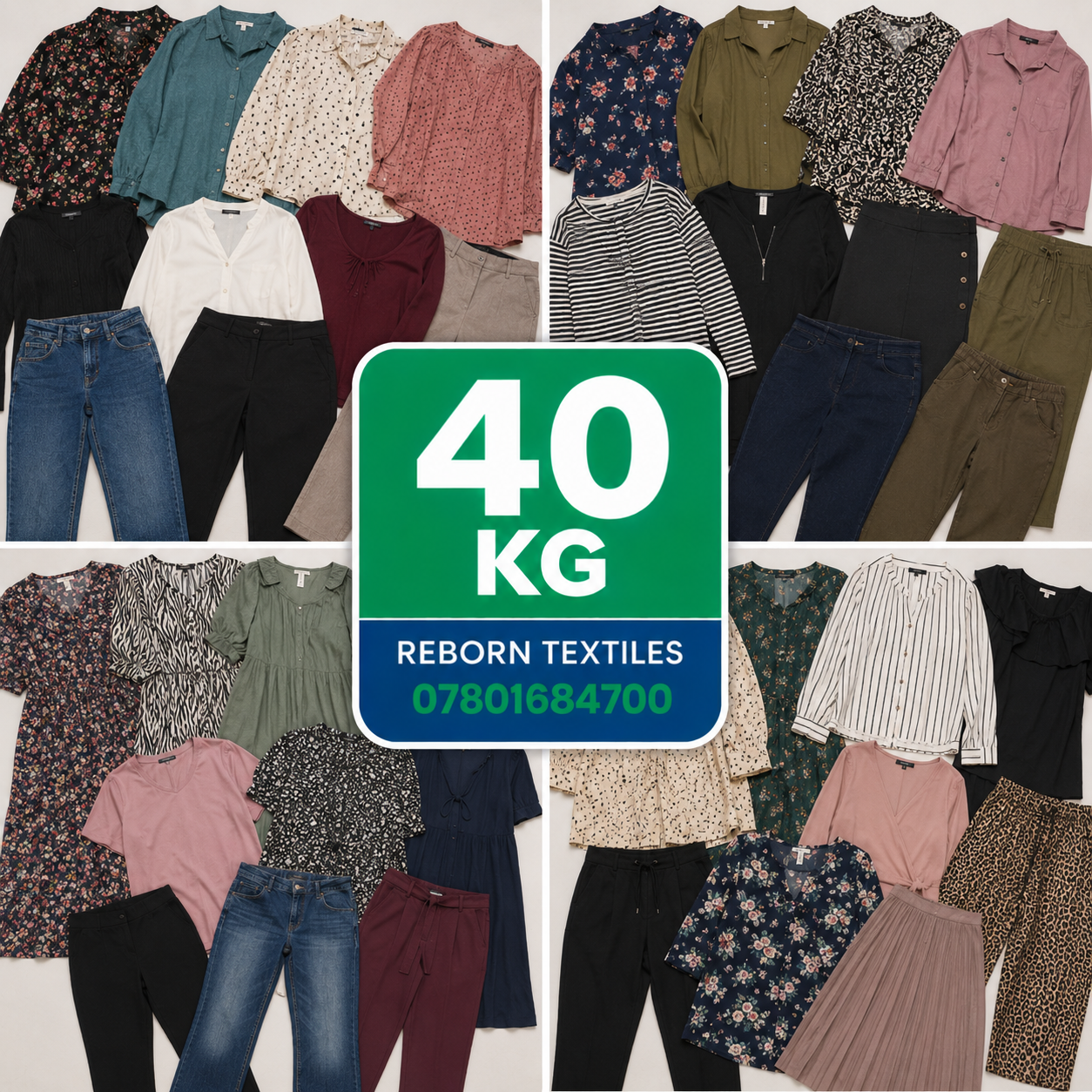 A collage showing many folded women's clothing items in assorted colors and patterns, with a large green and blue center label reading '40 KG REBORN TEXTILES 07801684700'.