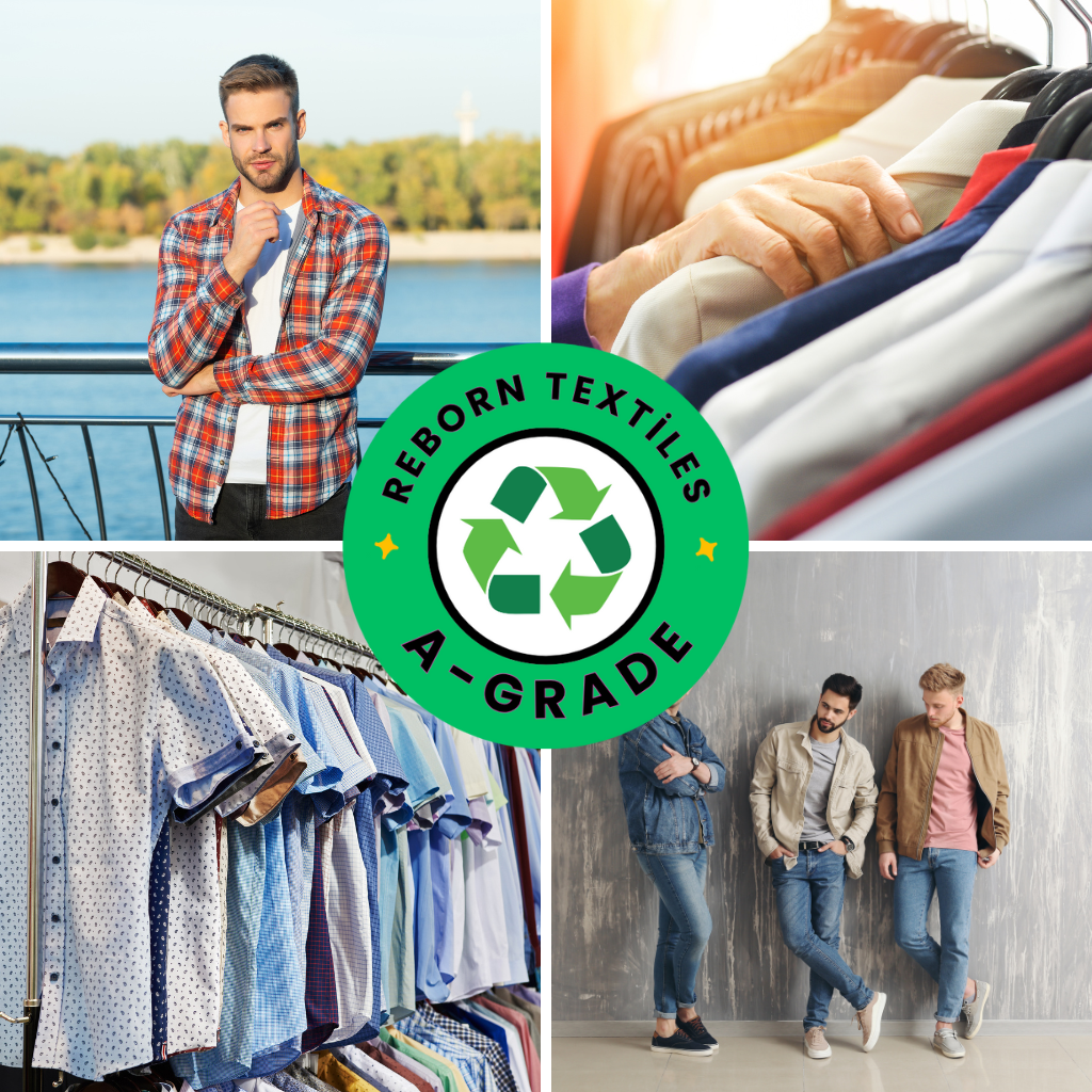 Collage of people wearing clothes, hanged clothes, and a 'Reborn Textiles A-Grade' logo.