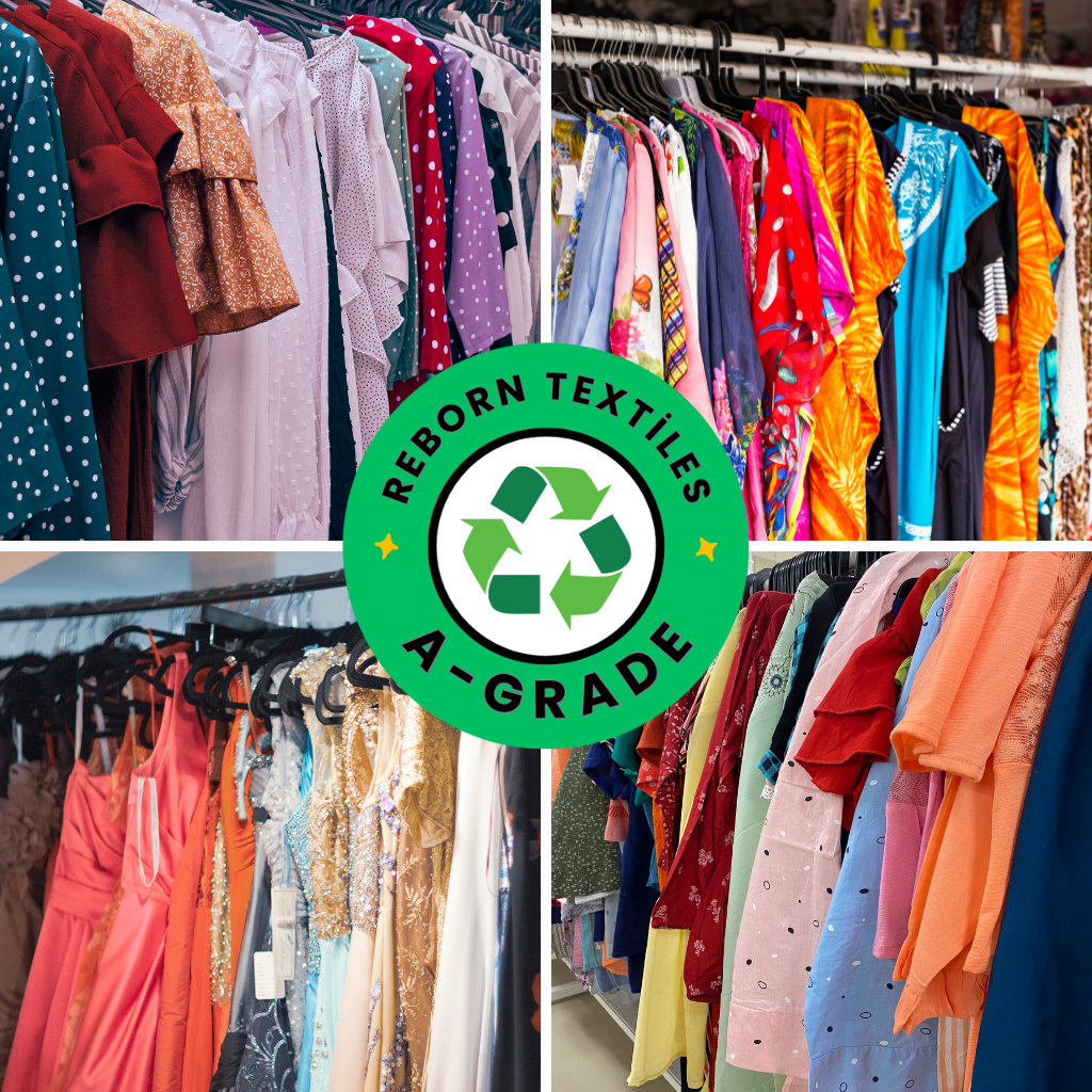 Collage of colorful clothing on hangers with 'Reborn Textiles A-Grade' logo.