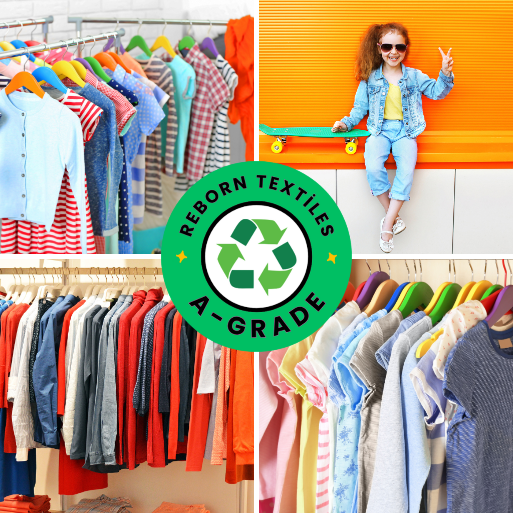 Collage of children's clothing on hangers with 'Reborn Textiles A-Grade' logo and a child sitting on a skateboard.
