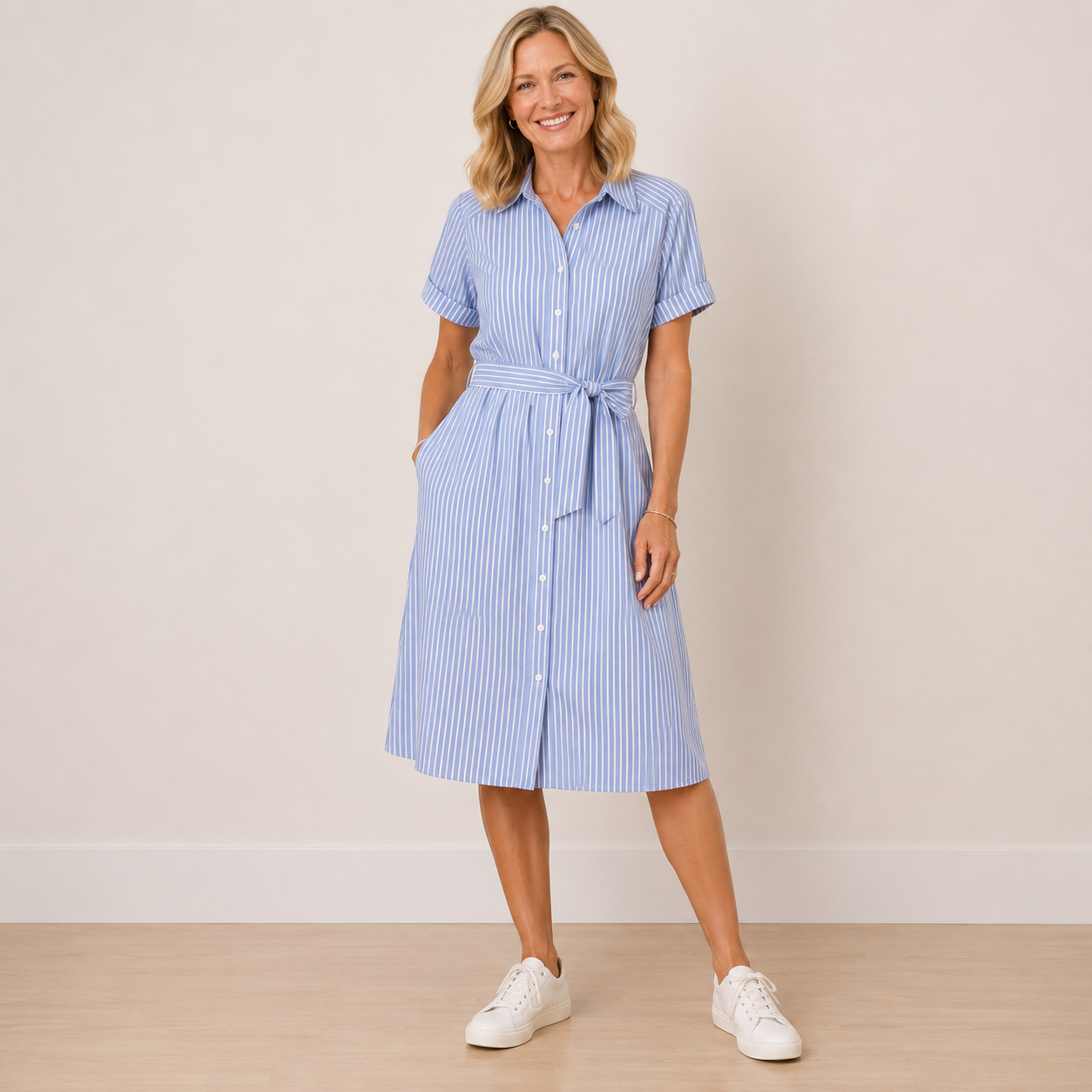 A woman modeling a light blue and white vertically striped short-sleeve midi shirt dress with a tie waist, standing against a neutral beige wall.
